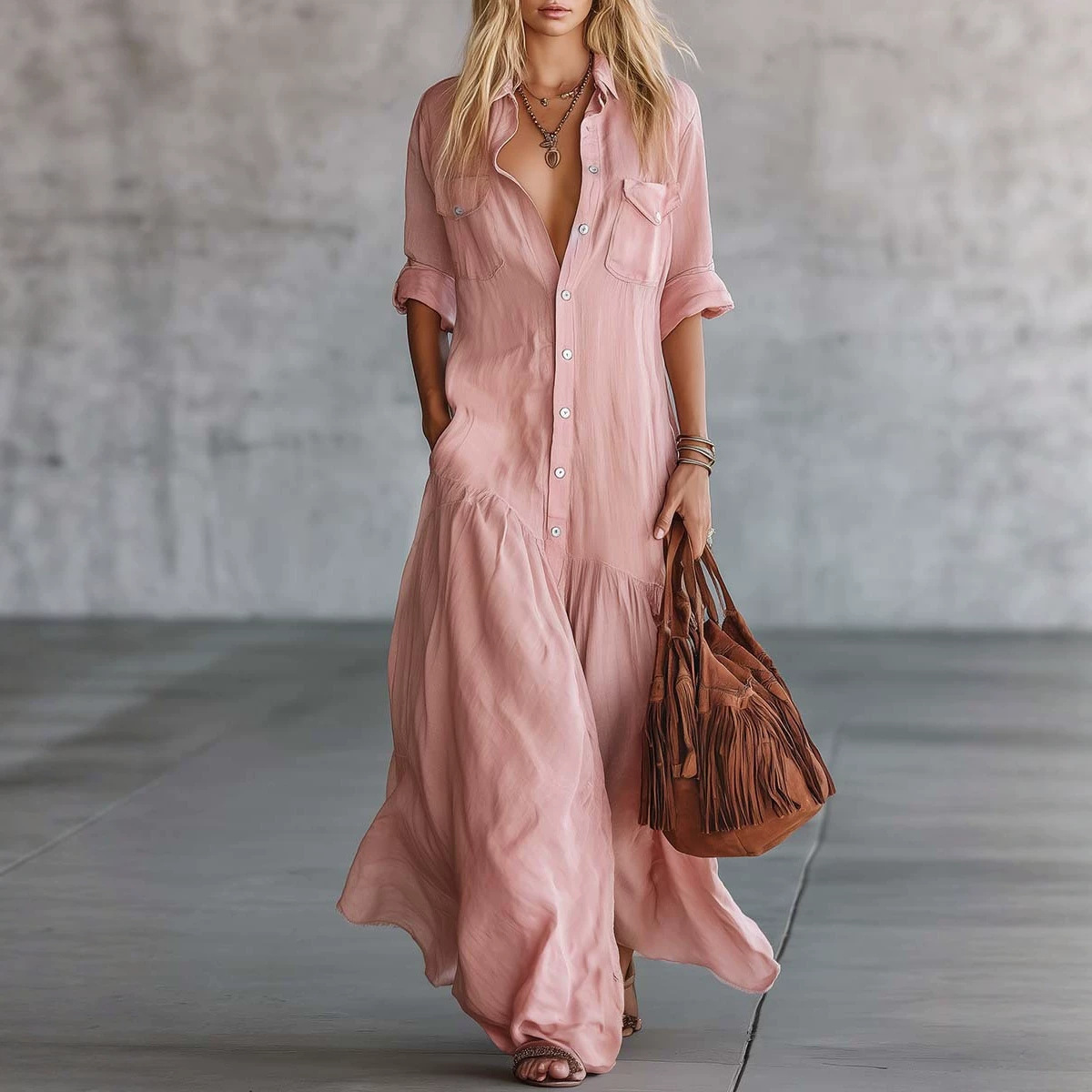 Casual Loose Linen Shirt Dress - 2026 Damska letnia sukienka koszulowa maxi