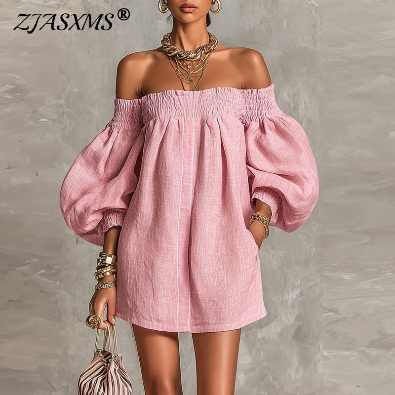 Off Shoulder Puff Sleeve Sundress - Letnia sukienka mini z odkrytymi ramionami
