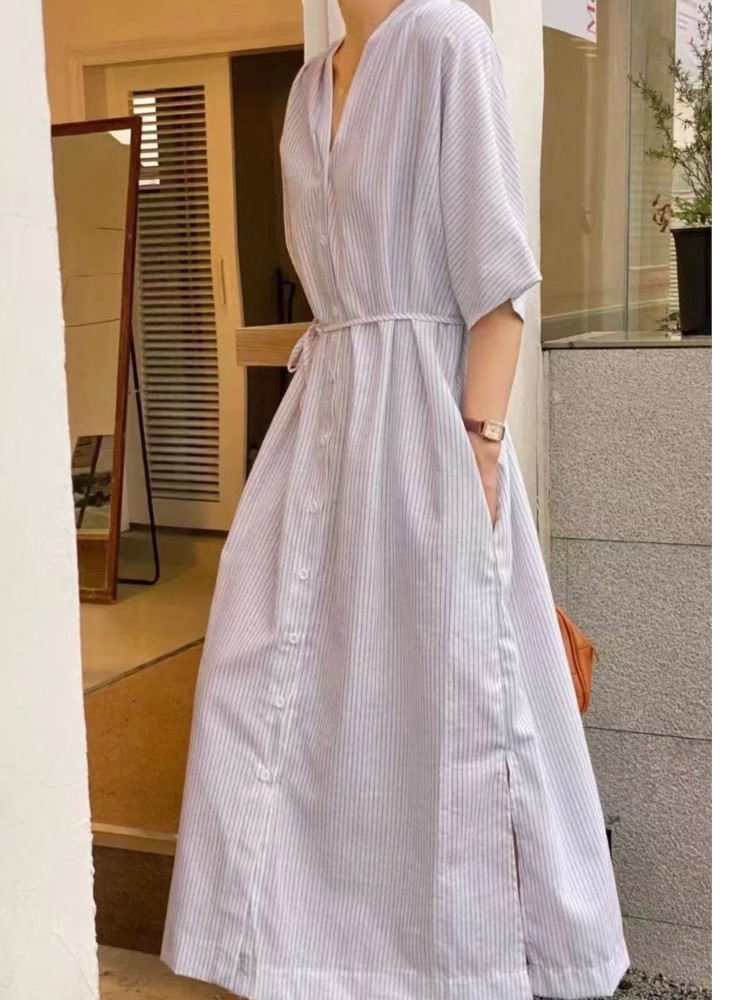 Casual Loose Linen Shirt Dress - Letnia Sukienka Damska w Paski z
