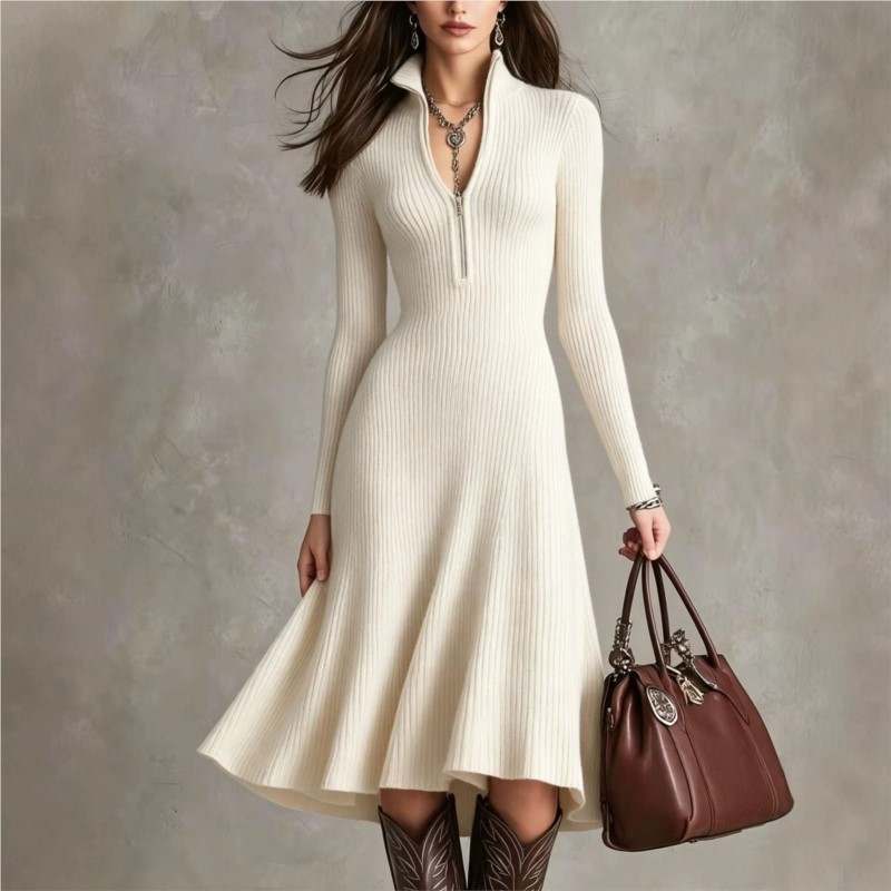 Bodycon Long Sleeve Ribbed Dress - Damska sukienka midi z prążkowanej dzianiny,