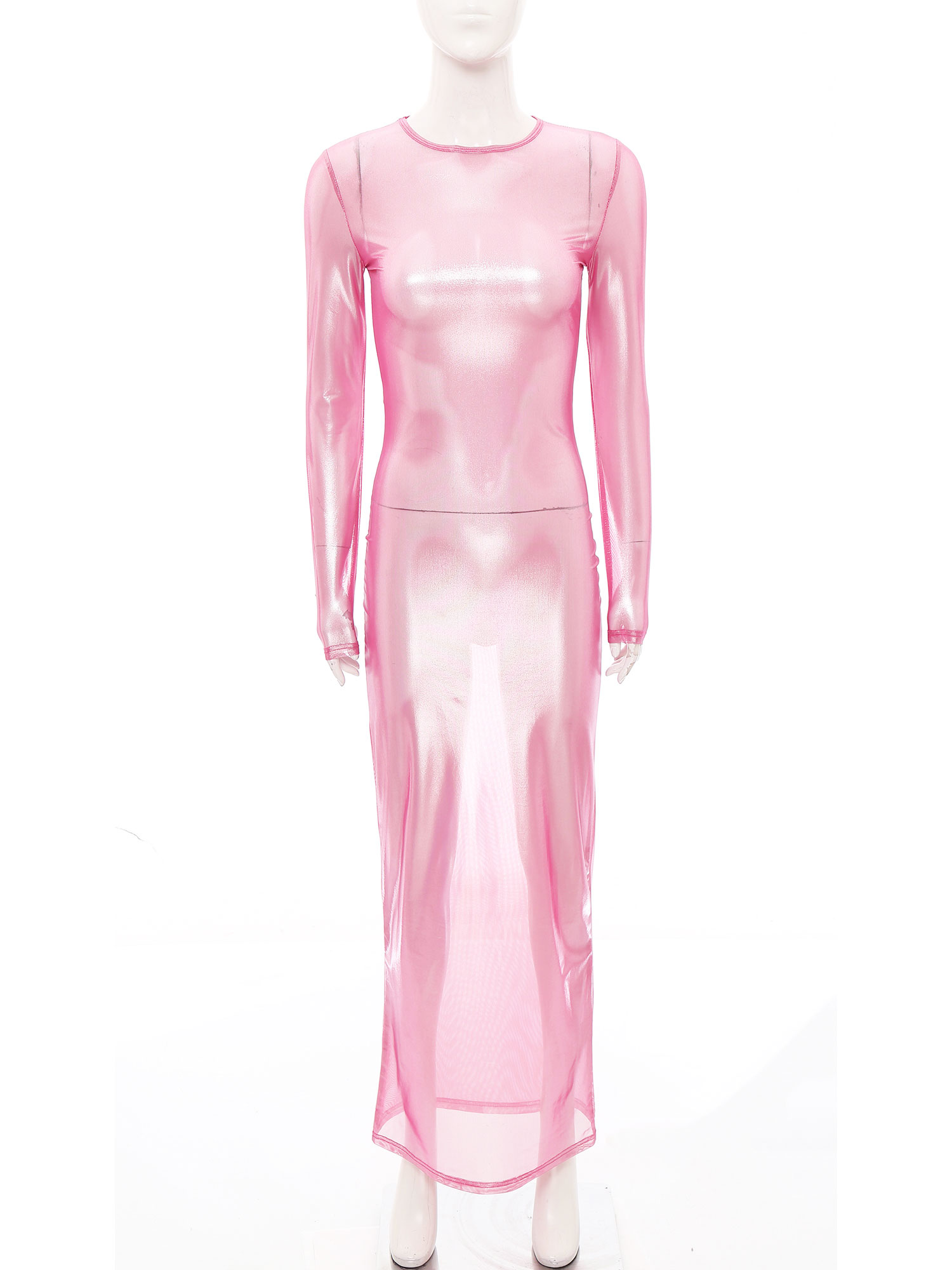 Sexy Mesh Sheer Bodycon Dress - Damska Błyszcząca Metaliczna Przezroczysta Długa Sukienka