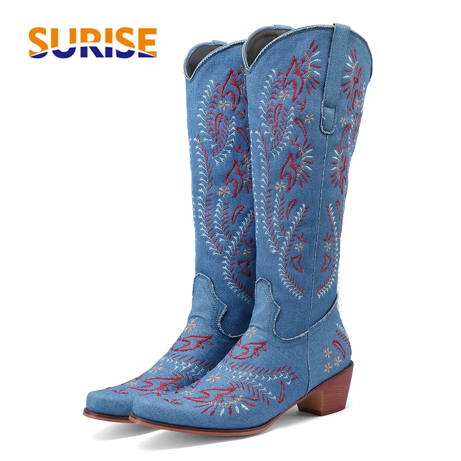 Jeans - Niebieskie dżinsy Western Cowgirl Knee High