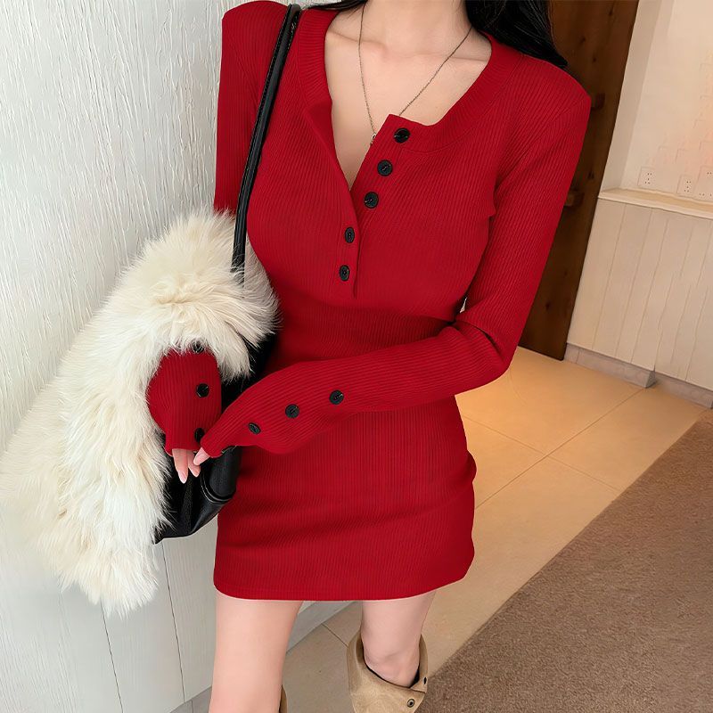 Sukienki damskie Y2k typu body – Bodycon Long Sleeve Ribbed Dress recenzja i cena