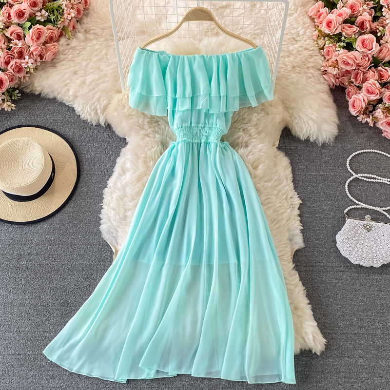 Żółta solidna damska sukienka  – Off Shoulder Puff Sleeve Sundress recenzja i cena