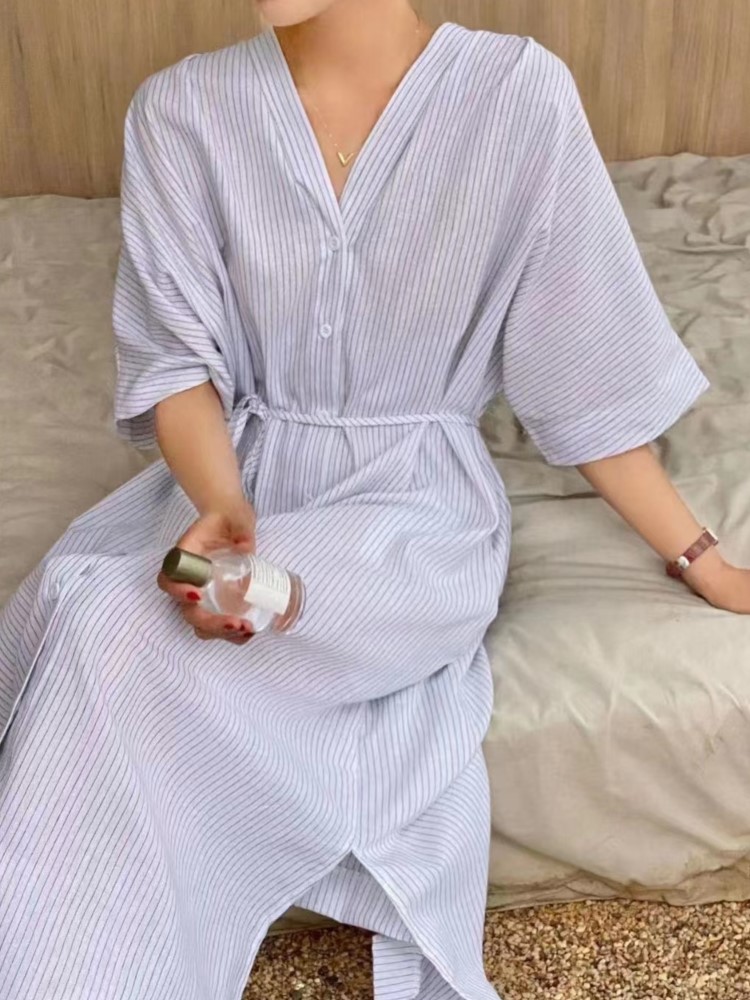 Letnia Sukienka Damska w Paski – Casual Loose Linen Shirt Dress recenzja i cena