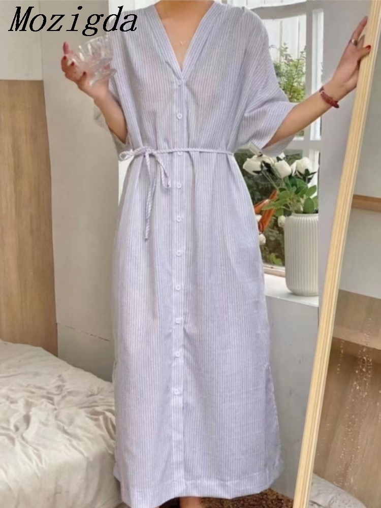 Letnia Sukienka Damska w Paski – Casual Loose Linen Shirt Dress recenzja i cena