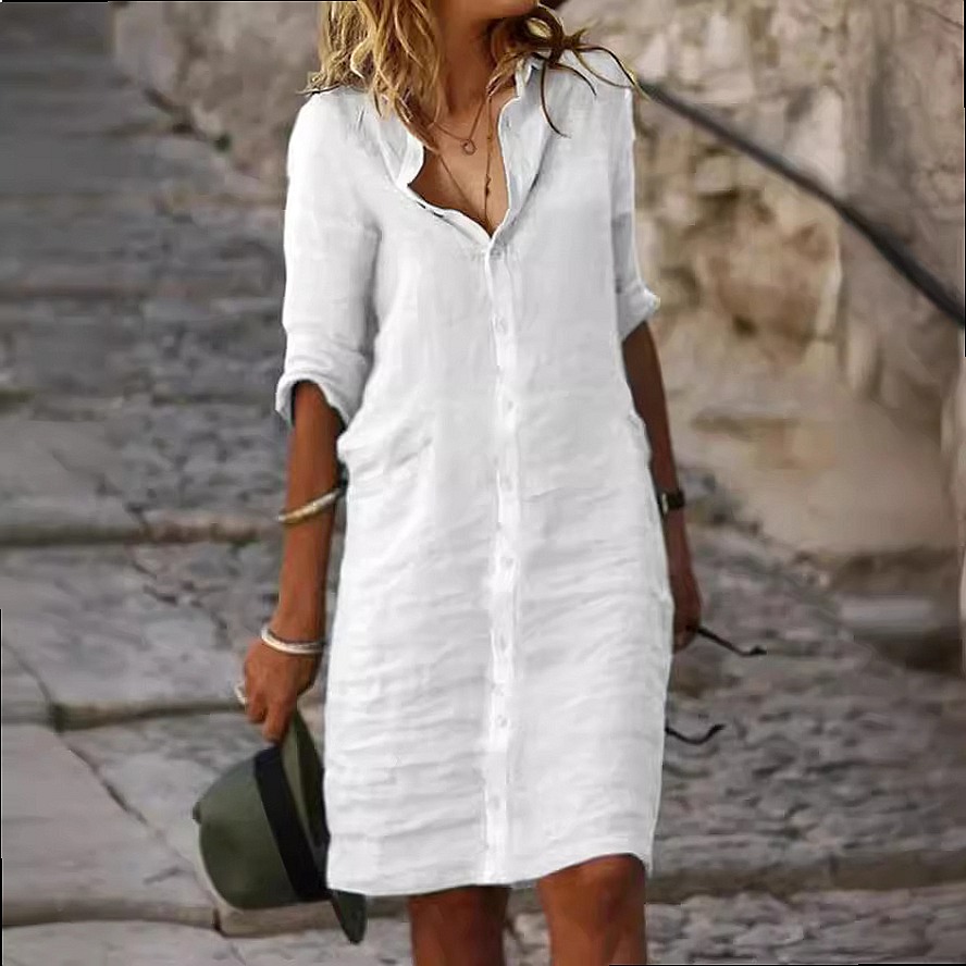 Luźna sukienka koszulowa midi  – Casual Loose Linen Shirt Dress recenzja i cena