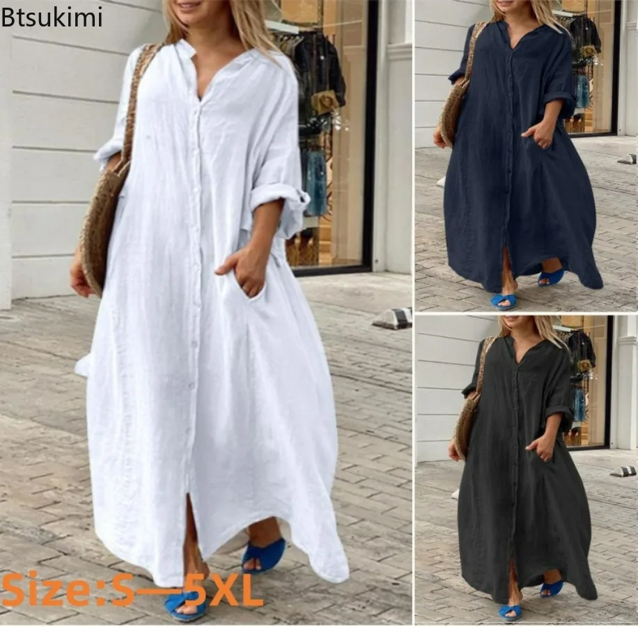 Długa sukienka damska z bawełn – Casual Loose Linen Shirt Dress recenzja i cena