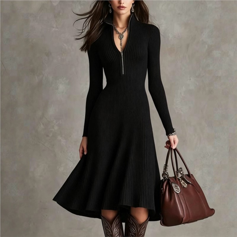 Damska sukienka midi z prążkow – Bodycon Long Sleeve Ribbed Dress recenzja i cena